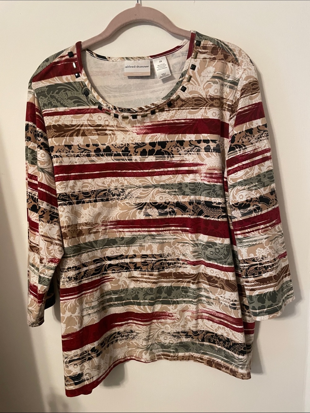 Alfred Dunner Striped Floral Scoop Neck Top - Red, Green, Tan, Black
